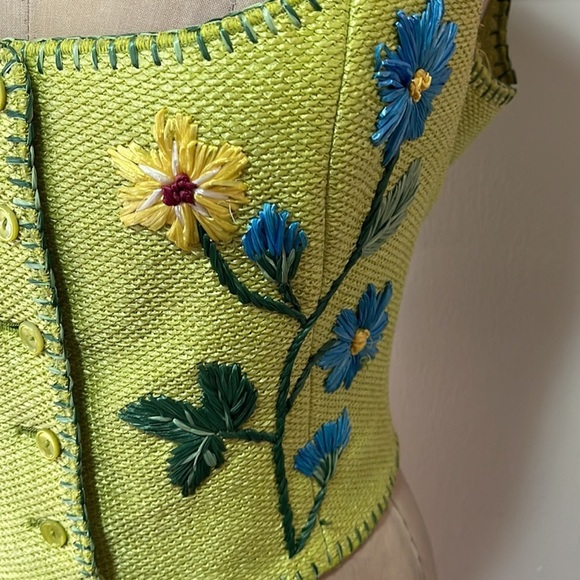 Moschino Green Jute Embroidered Flower Vest Bustier - Picture 3 of 13